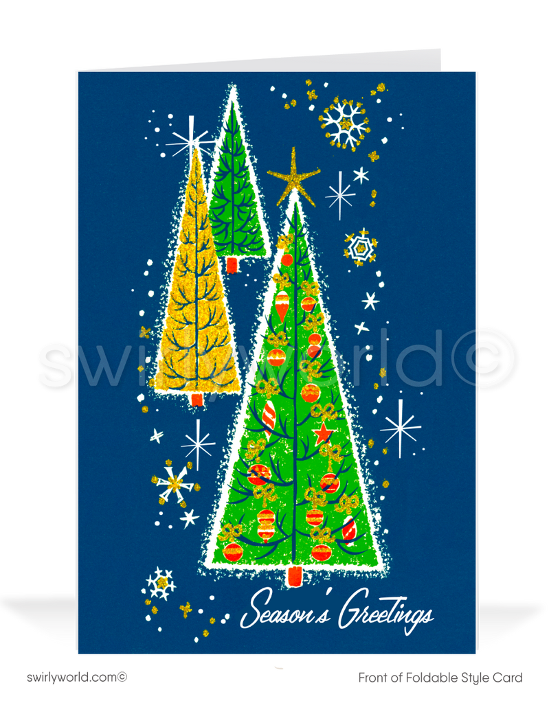 Celebrate the holidays with a vintage card featuring mid-century modern geometric Christmas trees, atomic starbursts, and retro ornaments on a deep blue backdrop.