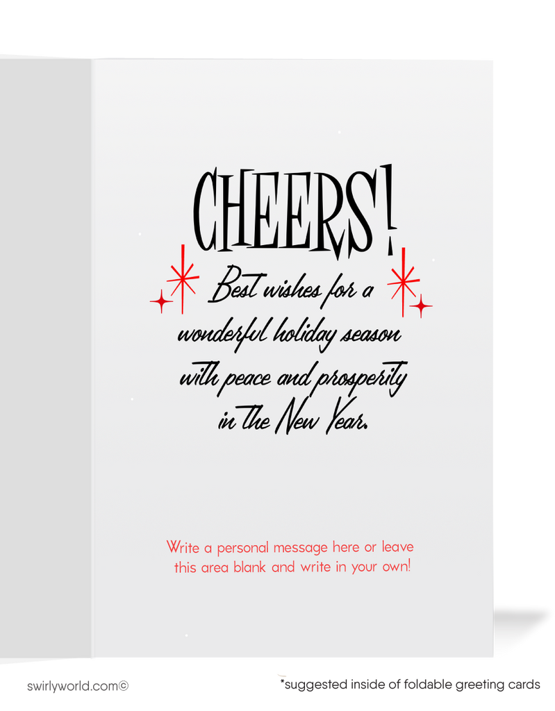 Vintage Atomic Christmas Card – Mid-Century Liquor Bottles with Retro Starbursts, Red & Black Holiday Design