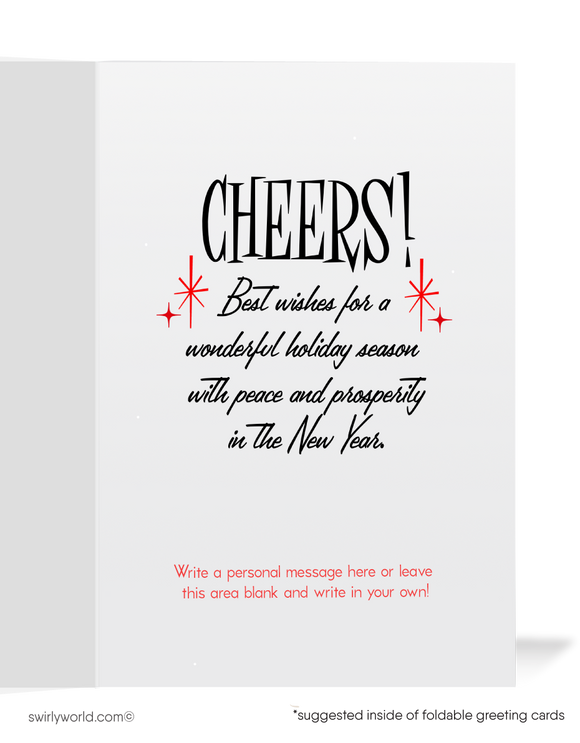 Celebrate the season with a vintage Christmas card featuring atomic-era liquor bottles, retro starbursts, and a bold red and black color scheme. Mid-century charm!