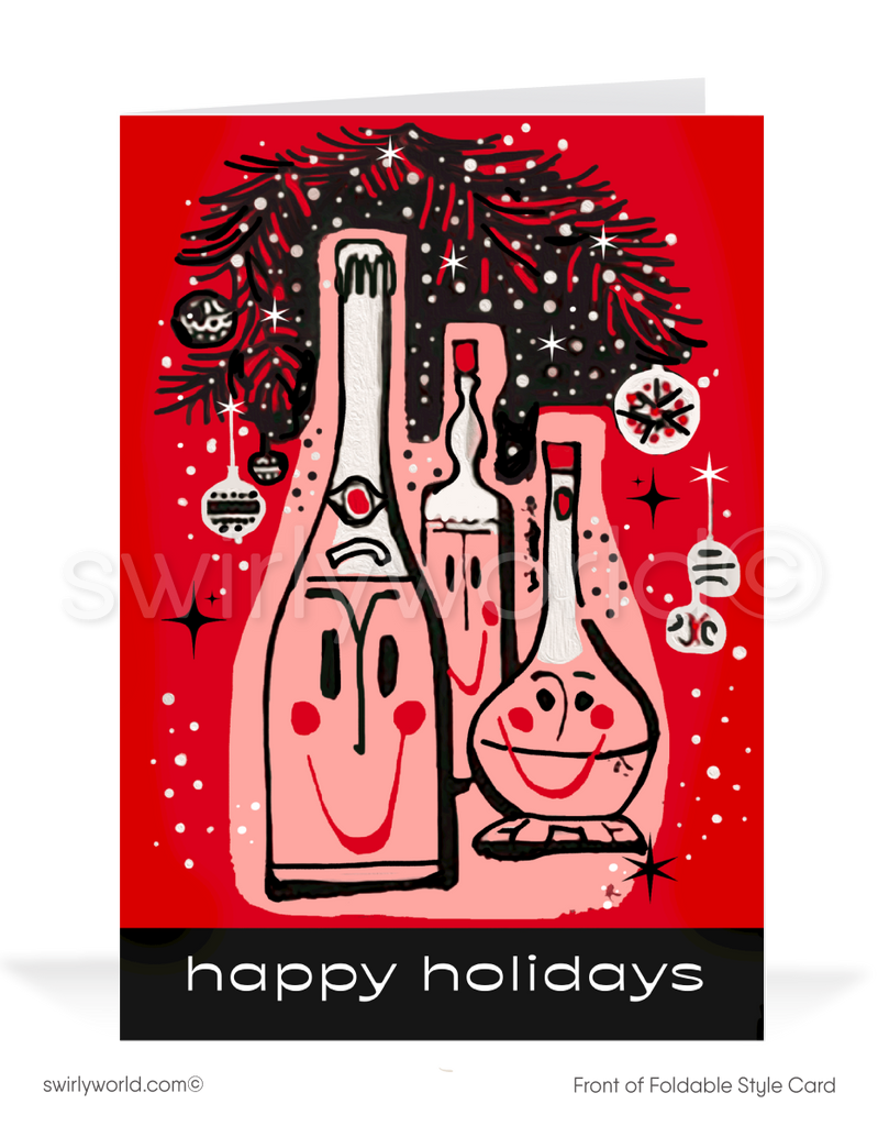 Celebrate the season with a vintage Christmas card featuring atomic-era liquor bottles, retro starbursts, and a bold red and black color scheme. Mid-century charm!