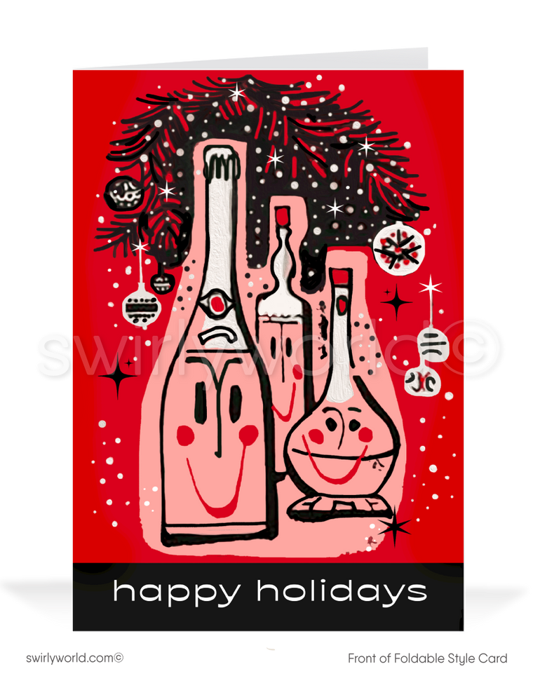 Celebrate the season with a vintage Christmas card featuring atomic-era liquor bottles, retro starbursts, and a bold red and black color scheme. Mid-century charm!