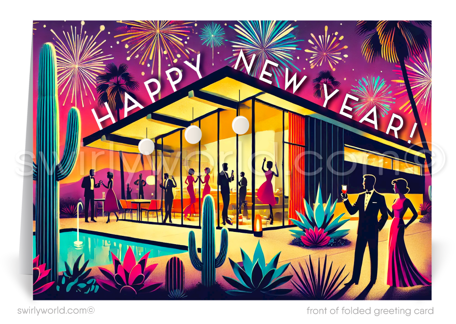 Ring in the New Year with retro charm! Realtor New Year Cards feature a festive mid-century modern home, vibrant colors, party silhouettes, and dazzling fireworks.