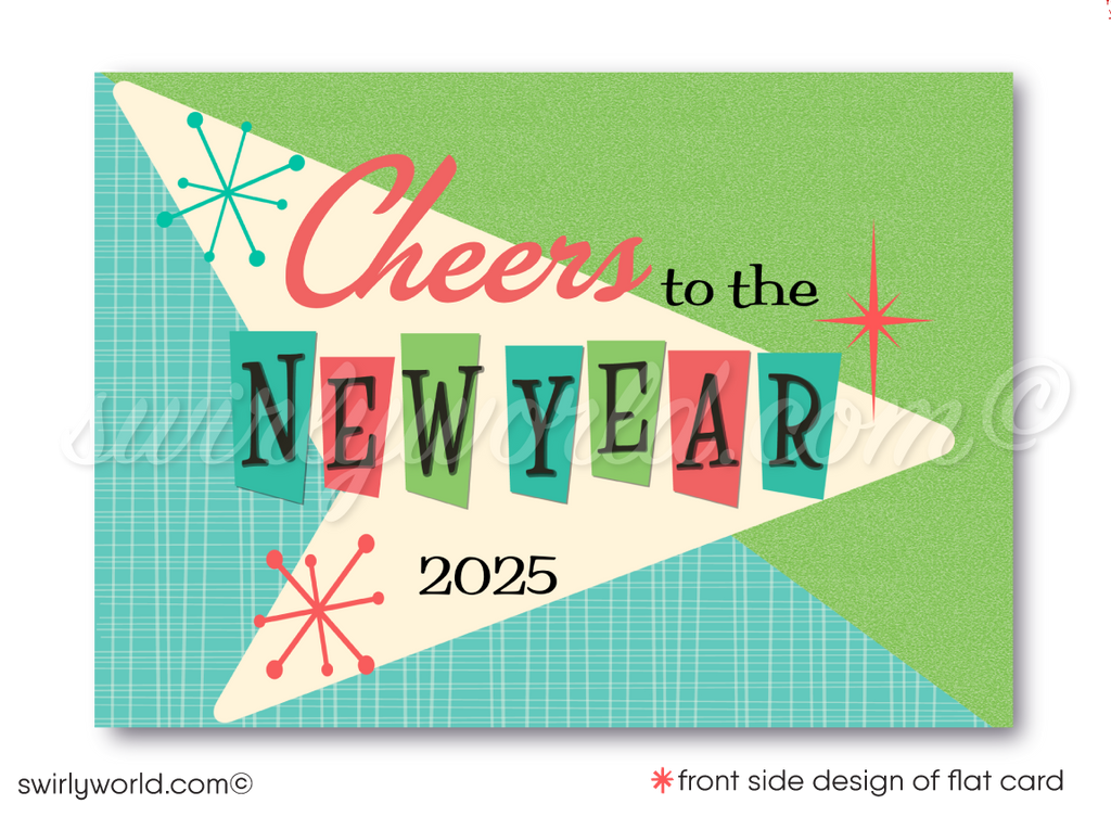 Retro Mid-Century Modern Happy New Year Card – Digital Download with Customizable MCM Boomerang Motif & Starbursts in Classic Atomic Colors