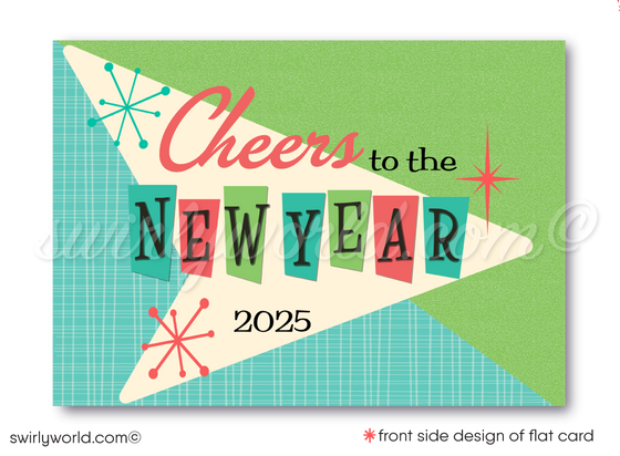 Retro Mid-Century Modern Happy New Year Card – Digital Download with Customizable MCM Boomerang Motif & Starbursts in Classic Atomic Colors