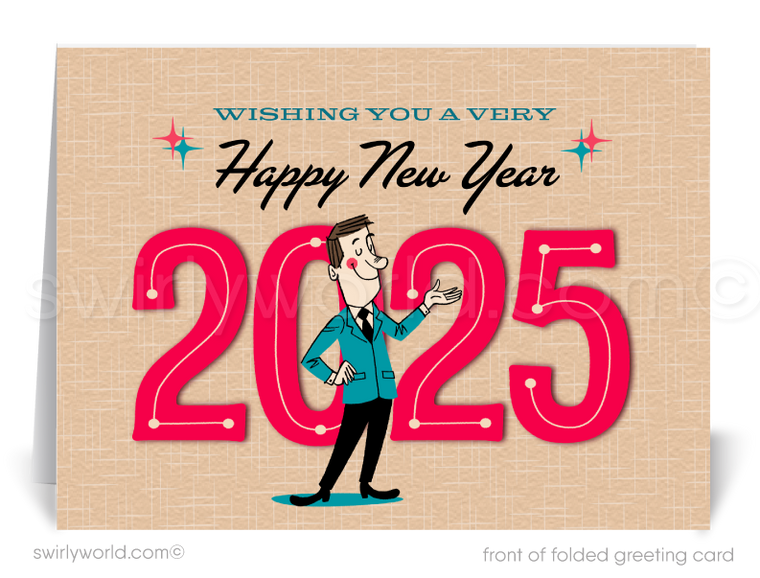 Celebrate 2025 with retro charm! This Mid-Century Modern New Year card features a dapper gentleman and bold red "2025" typography, perfect for atomic era fans.