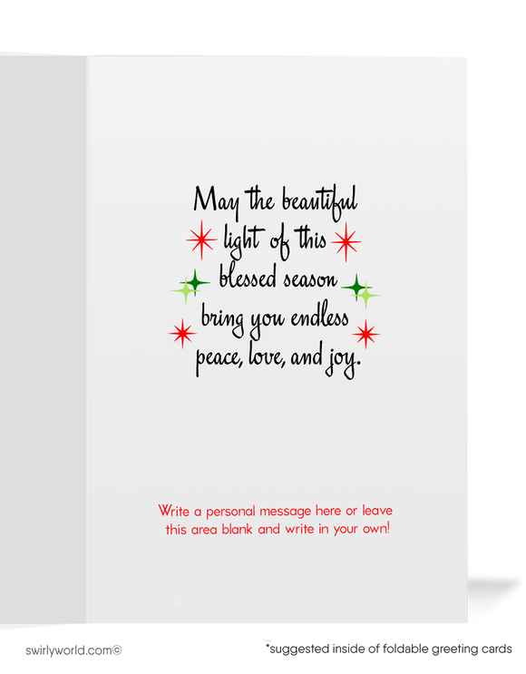 Vintage holiday cards featuring a kitschy angel with a glowing candle, retro starbursts, and nostalgic "Merry Christmas" typography. Add a custom message for charm.