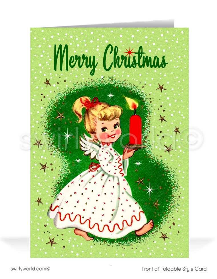 Vintage holiday cards featuring a kitschy angel with a glowing candle, retro starbursts, and nostalgic "Merry Christmas" typography. Add a custom message for charm.