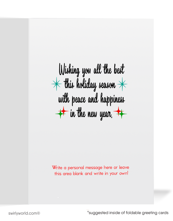 Vintage holiday cards with a kitschy snowman holding a lantern, retro starbursts, and "Happy Holidays" in nostalgic typography. Personalize for a unique holiday greeting.