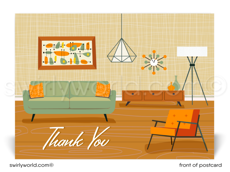 Stand out with unique mid-century modern Realtor Thank You Postcards! Instantly download, customize, and print for clients, prospects & friends.