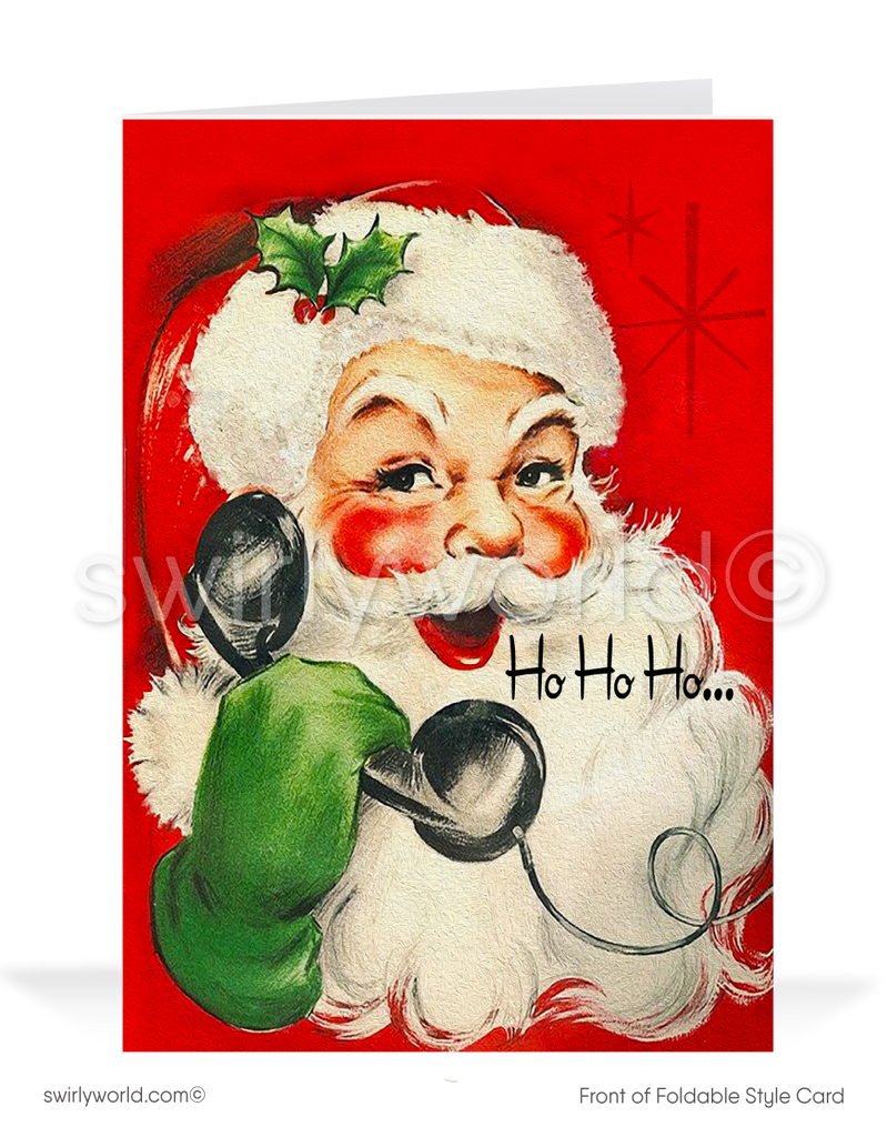 Vintage Christmas Card - Retro Mid-Century Santa Claus on Phone Saying "Ho, Ho, Ho," Premium Holiday Greeting Card