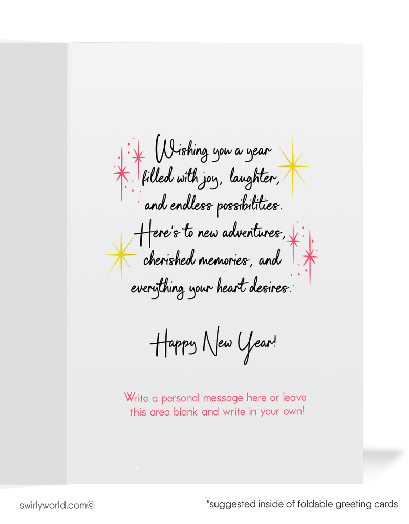 Retro Martini Glass New Year's Greeting Card – Mid-Century Modern Style with Vintage Starbursts and Typography