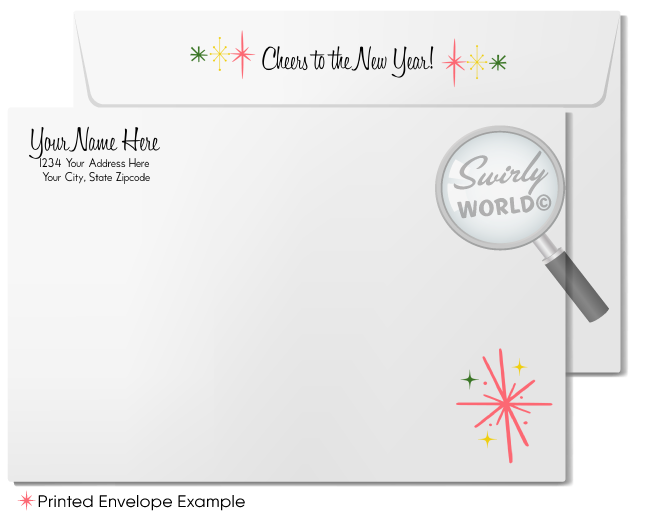 Retro Martini Glass New Year's Greeting Card – Mid-Century Modern Style with Vintage Starbursts and Typography