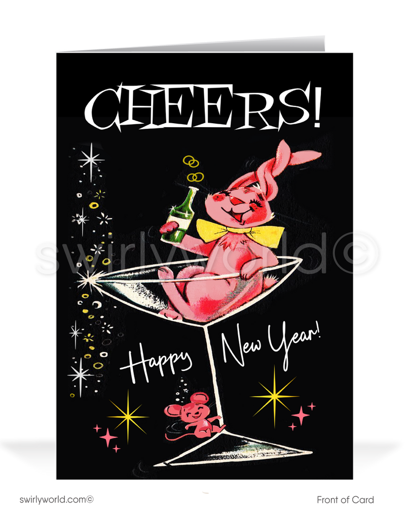 Retro Martini Glass New Year's Greeting Card – Mid-Century Modern Style with Vintage Starbursts and Typography