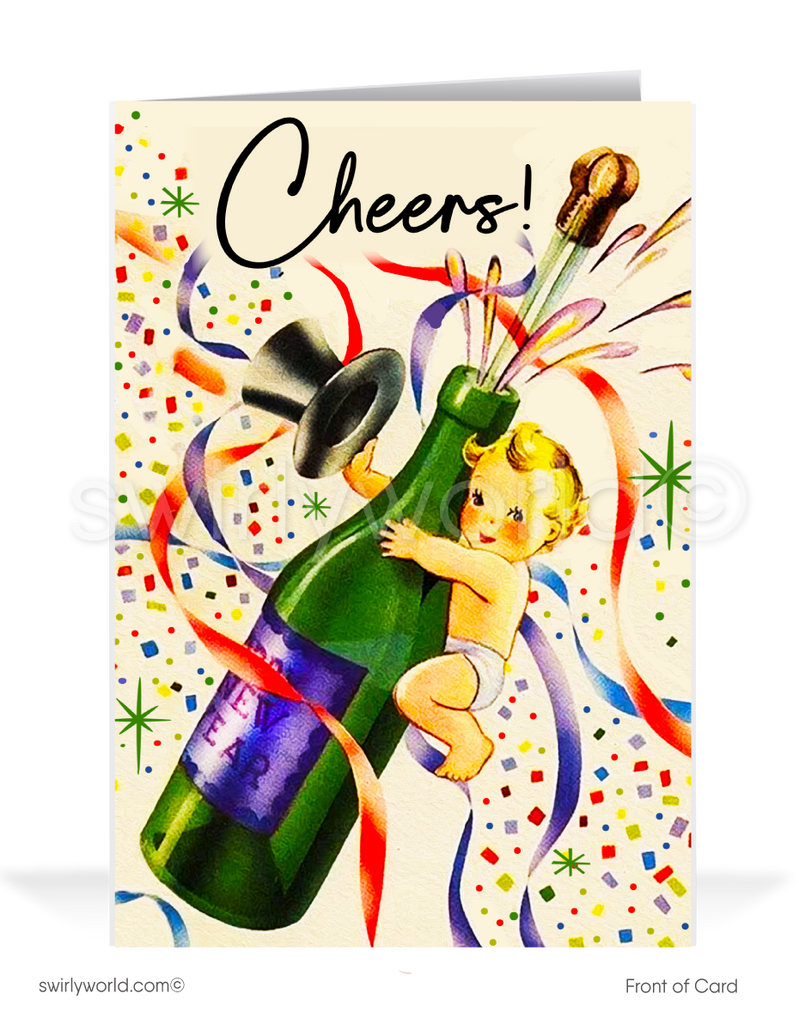 Vintage New Year’s Toast Greeting Card with Elegant Couple, Champagne Glasses, Bell Design, and Retro Starburst Charm