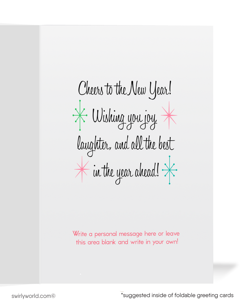 1950s Vintage Baby New Year Happy New Year Card – Retro Atomic Starbursts, Balloons, and Mid-Century Celebration Design