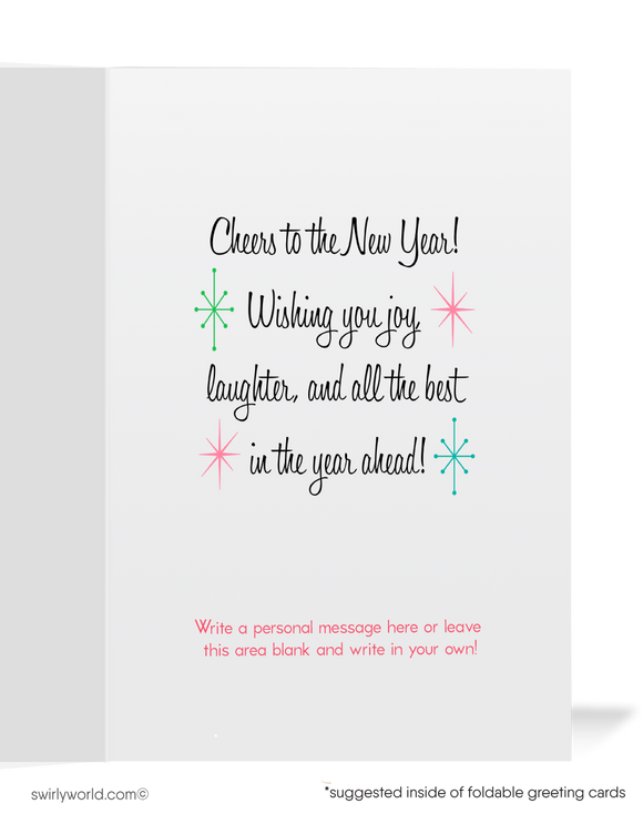 1950s Vintage Baby New Year Happy New Year Card – Retro Atomic Starbursts, Balloons, and Mid-Century Celebration Design