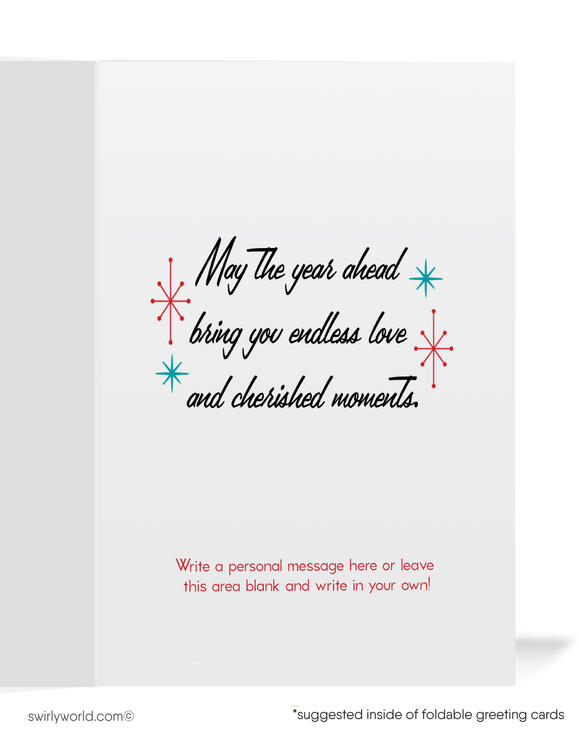 Vintage 1940s Midnight Kiss New Year's Greeting Card – Romantic Couple, Confetti, and Timeless Retro Design