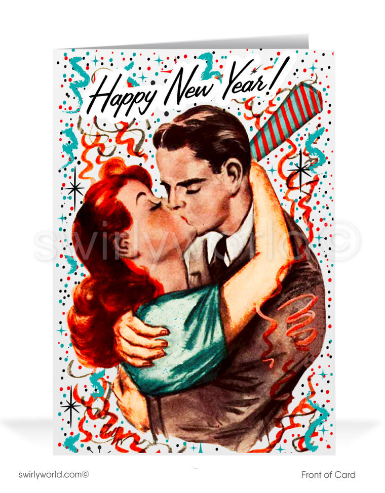 Vintage 1940s Midnight Kiss New Year's Greeting Card – Romantic Couple, Confetti, and Timeless Retro Design