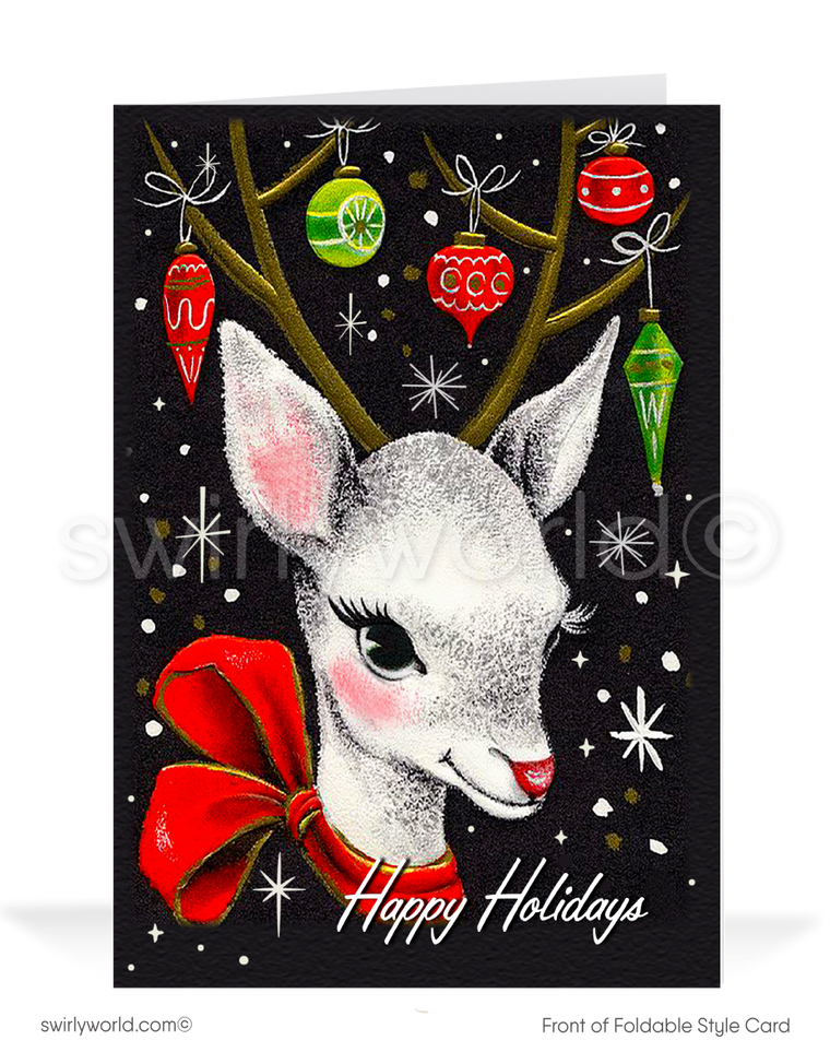 Celebrate the season with a vintage 1950s-inspired card featuring a kitschy white deer, retro ornaments, and atomic starbursts. Nostalgic mid-century holiday charm!