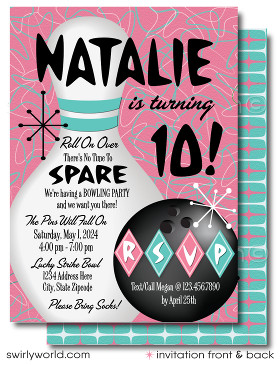 Get ready to bowl your guests over with our Atomic Pink and Aqua Blue Retro 1950s Bowling Alley Themed Birthday Party Invitation Set. This digitally designed suite captures the essence of the Mid-Century Modern aesthetic, featuring iconic starbursts, sputniks, and boomerang shapes in a cool palette of pink and blue.