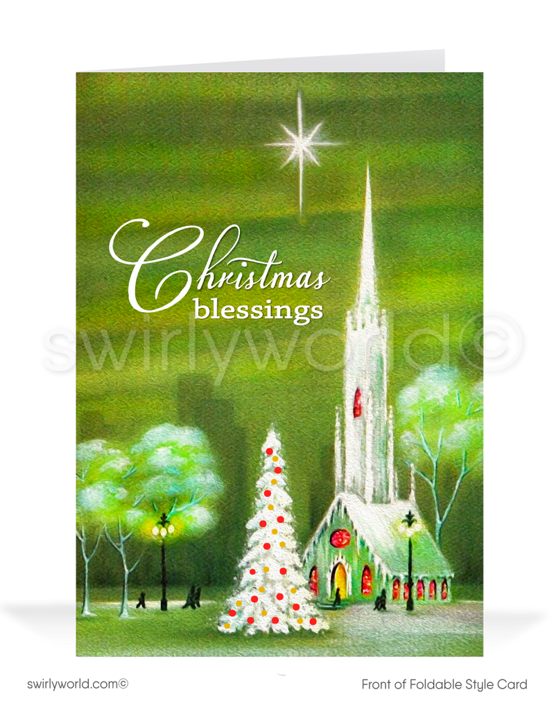 Vintage Christmas cards featuring a serene church scene, white Christmas tree, and North Star with "Christmas Blessings" in retro style. Personalize for a unique touch.