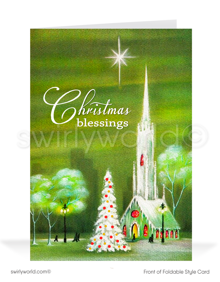 Vintage Christmas cards featuring a serene church scene, white Christmas tree, and North Star with "Christmas Blessings" in retro style. Personalize for a unique touch.