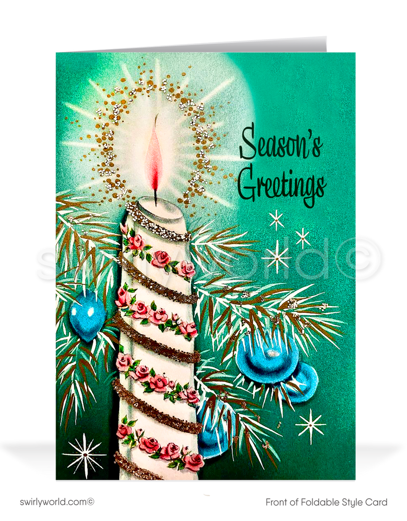 Vintage mid-century holiday cards with a silver tree, starburst candle, and custom message. Perfect retro charm for heartfelt, memorable holiday greetings.

