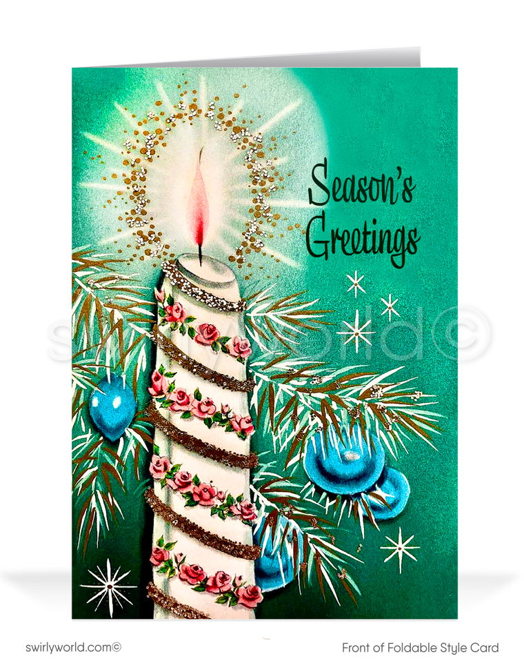 Vintage mid-century holiday cards with a silver tree, starburst candle, and custom message. Perfect retro charm for heartfelt, memorable holiday greetings.

