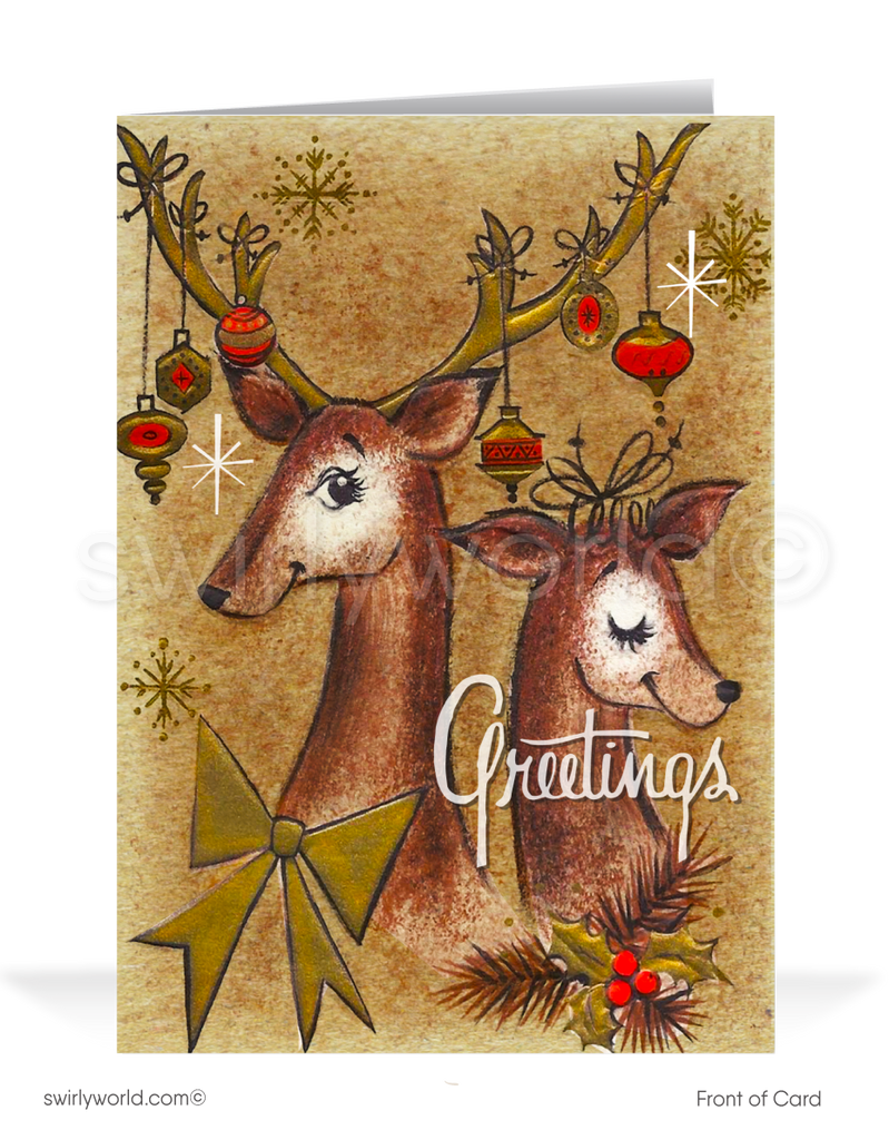 Vintage Mid-Century Christmas Card - Kitschy Deer Couple with Retro Ornaments & Starbursts Design