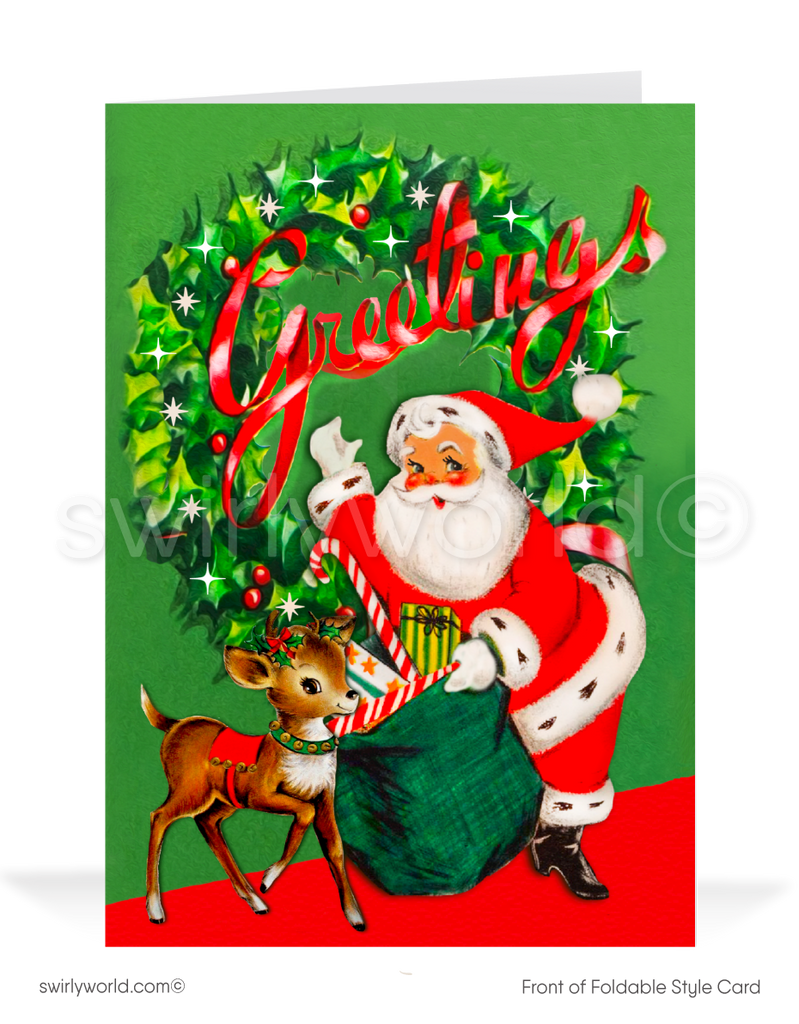 Celebrate the season with a retro 1950s holiday card featuring Santa, a reindeer, and a holly wreath. Nostalgic mid-century charm for a vintage Christmas vibe!