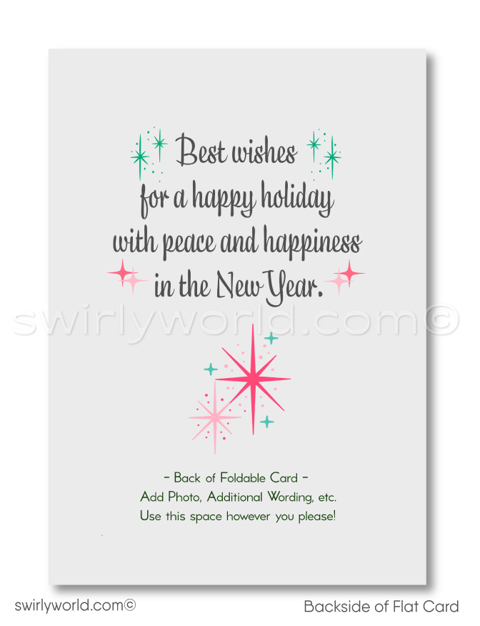 Mid-Century Kitschy Christmas Card in Aqua Blue and Powder Pink with Starburst Backdrop