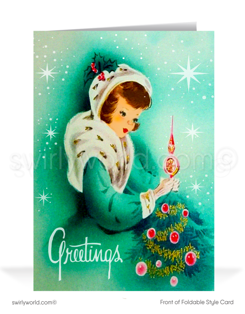 Capture vintage holiday charm with a mid-century modern Christmas card in aqua blue and powder pink, featuring a stunning starburst backdrop. Elegant and timeless!