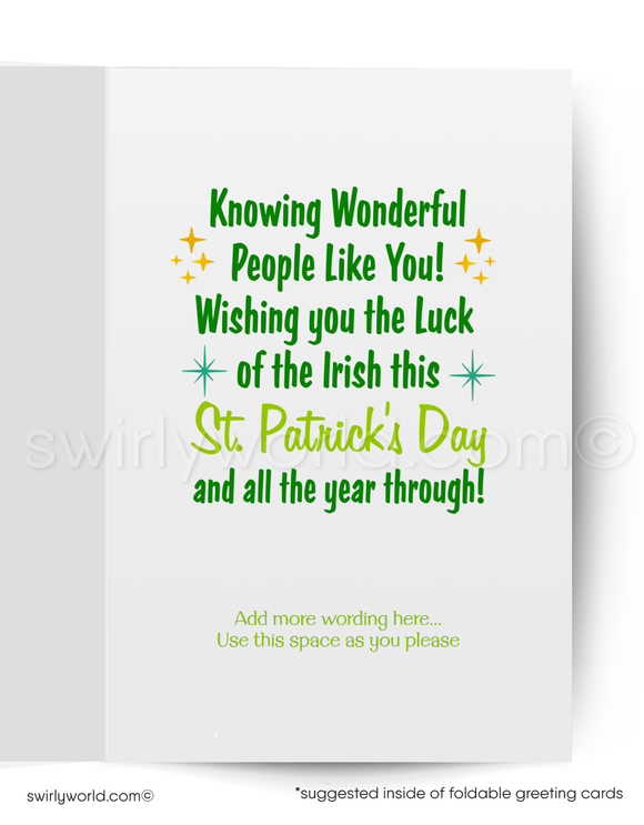 Celebrate St. Patrick’s Day with a vintage card featuring a leaping leprechaun, shamrock, and lucky horseshoe. Perfect for clients, friends, and festive greetings!