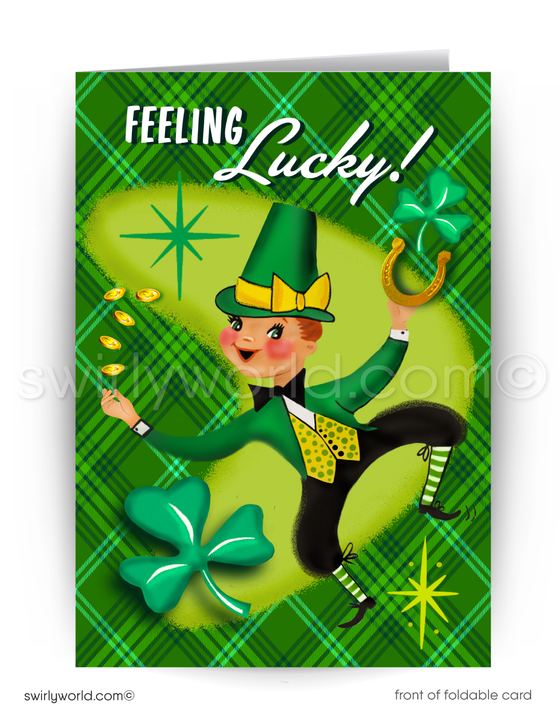 Celebrate St. Patrick’s Day with a vintage card featuring a leaping leprechaun, shamrock, and lucky horseshoe. Perfect for clients, friends, and festive greetings!