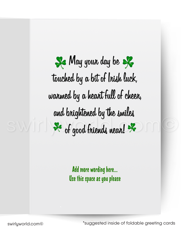 Celebrate St. Patrick’s Day with a vintage card featuring a sweet black puppy holding shamrocks and roses. Perfect for clients, friends, and festive greetings!