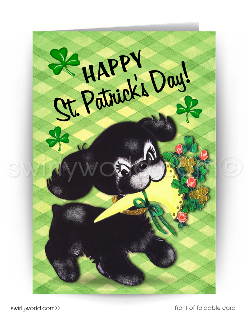 Celebrate St. Patrick’s Day with a vintage card featuring a sweet black puppy holding shamrocks and roses. Perfect for clients, friends, and festive greetings!