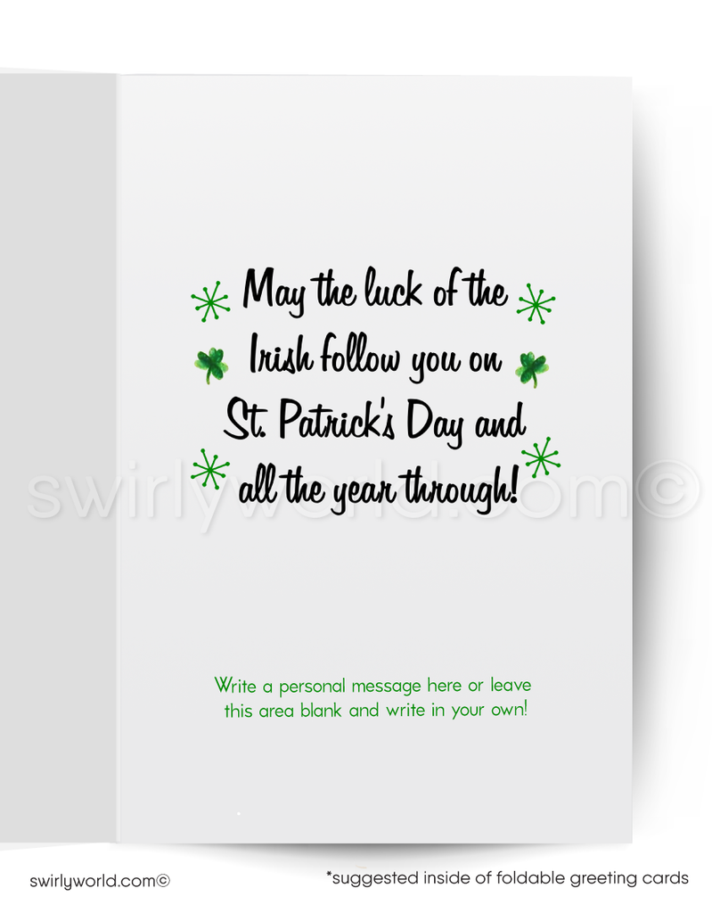 Vintage St. Patrick’s Day Card – Kitschy Cat in Leprechaun Attire with Shamrocks – 1940s-50s Mid-Century Design