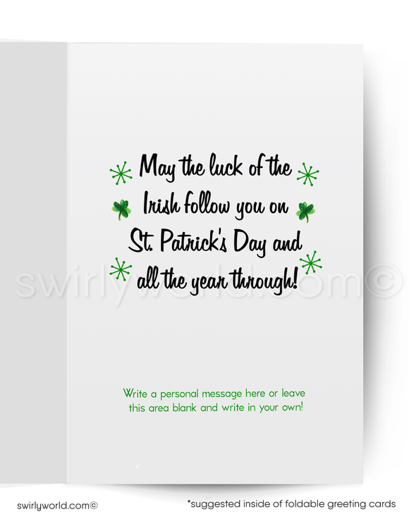 Vintage St. Patrick’s Day Card – Kitschy Cat in Leprechaun Attire with Shamrocks – 1940s-50s Mid-Century Design 