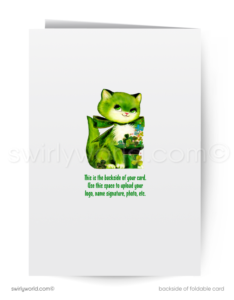 Vintage St. Patrick’s Day Card – Kitschy Cat in Leprechaun Attire with Shamrocks – 1940s-50s Mid-Century Design