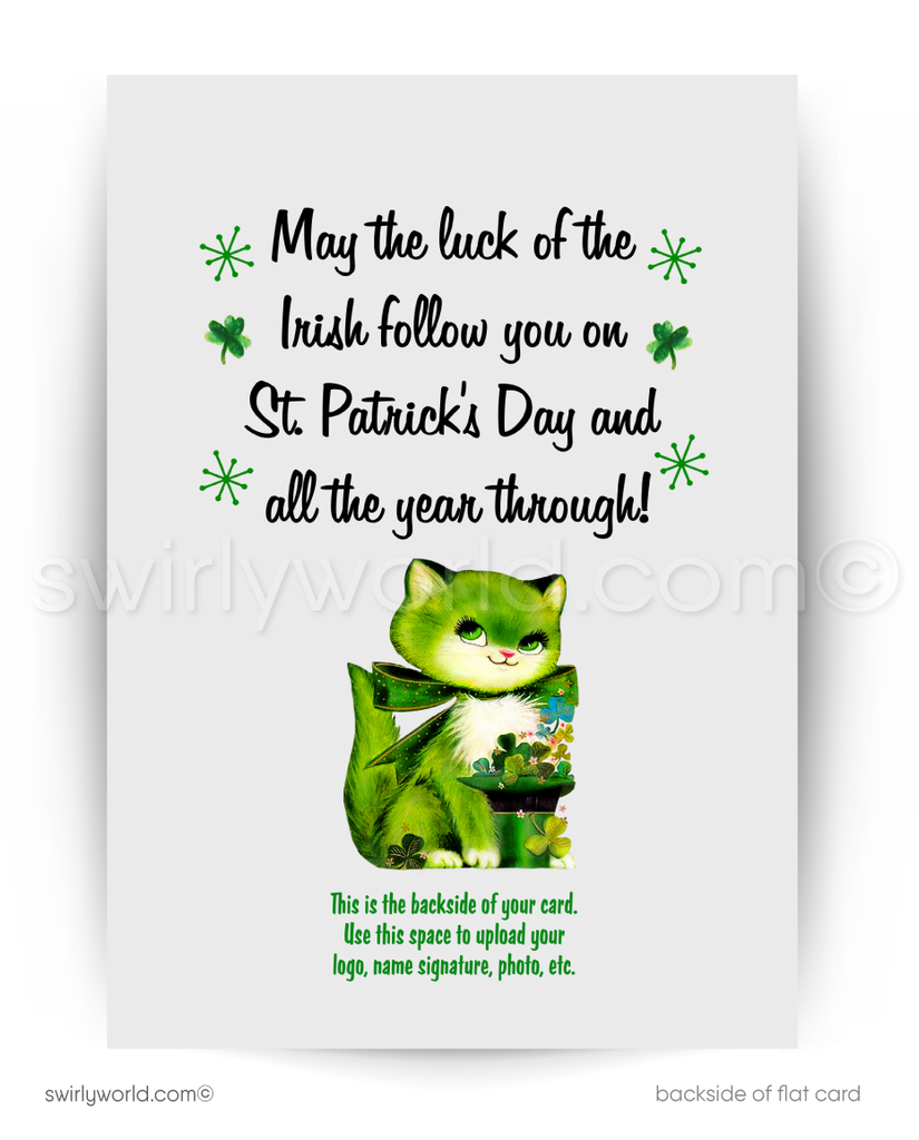 Vintage St. Patrick’s Day Card – Kitschy Cat in Leprechaun Attire with Shamrocks – 1940s-50s Mid-Century Design