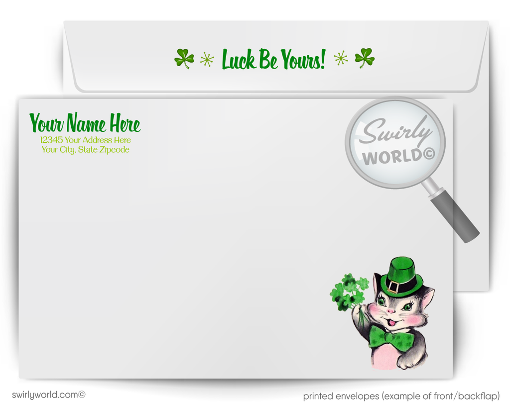 Vintage St. Patrick’s Day Card – Kitschy Cat in Leprechaun Attire with Shamrocks – 1940s-50s Mid-Century Design