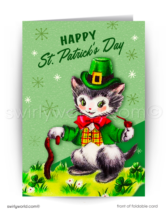 Vintage St. Patrick’s Day Card – Kitschy Cat in Leprechaun Attire with Shamrocks – 1940s-50s Mid-Century Design 