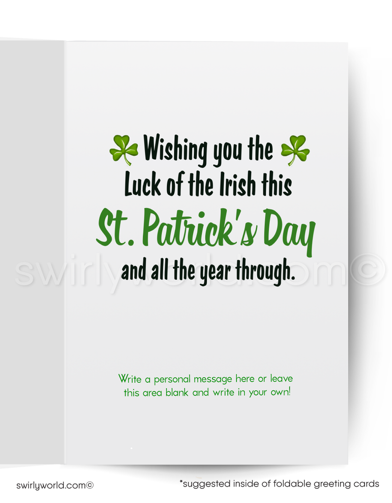 Vintage St. Patrick’s Day Card – Kitschy Leprechaun with Shamrock – 1940s-50s Mid-Century Design