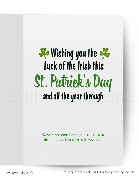 Celebrate St. Patrick’s Day with a vintage card featuring a kitschy leprechaun, shamrocks, and retro charm. Perfect for clients, friends, and festive greetings!