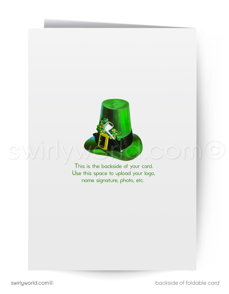 Vintage St. Patrick’s Day Card – Kitschy Leprechaun with Shamrock – 1940s-50s Mid-Century Design