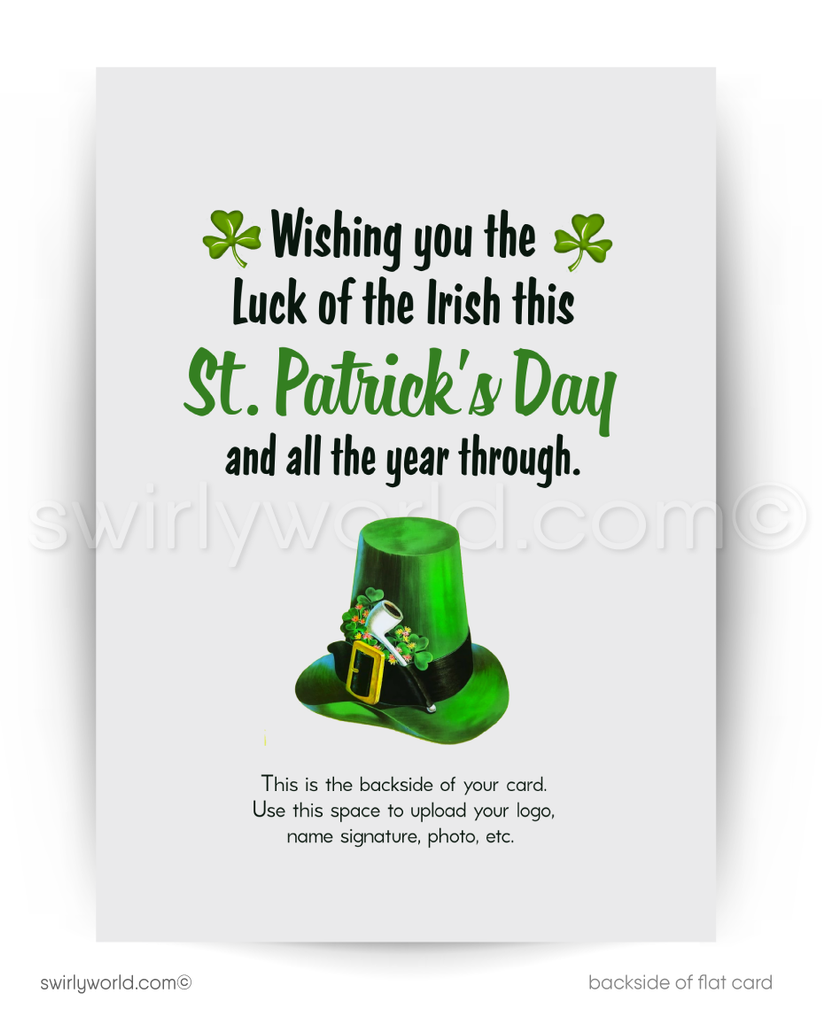 Vintage St. Patrick’s Day Card – Kitschy Leprechaun with Shamrock – 1940s-50s Mid-Century Design