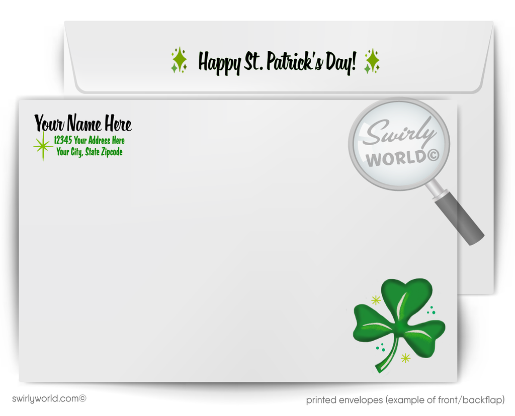 Vintage St. Patrick’s Day Card – Kitschy Leprechaun with Shamrock – 1940s-50s Mid-Century Design