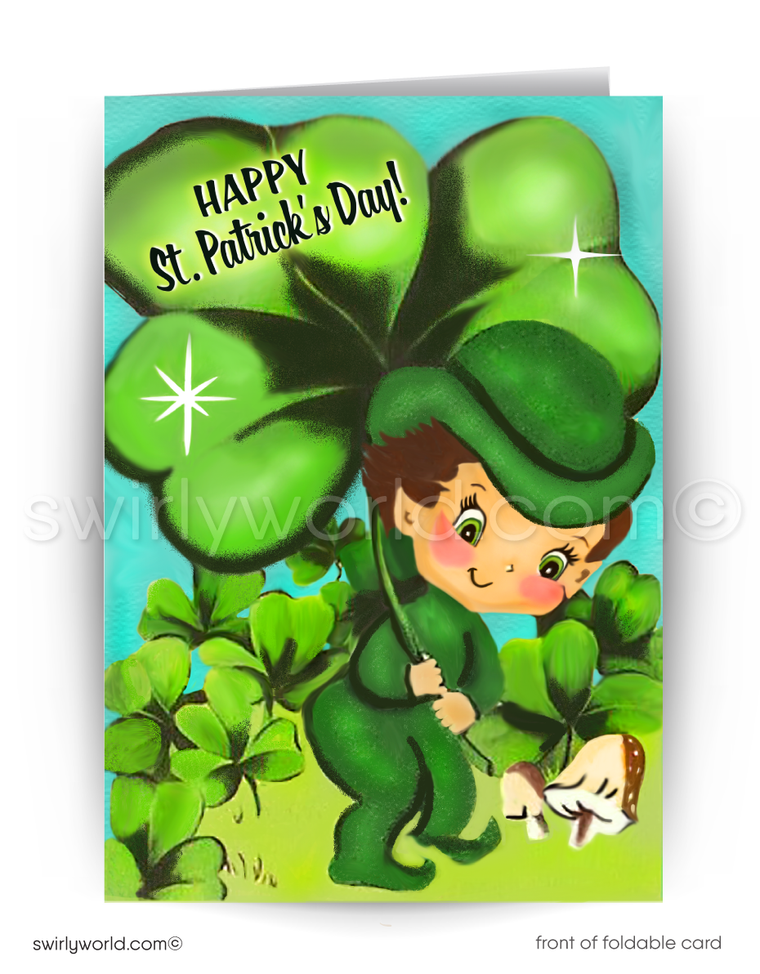 Celebrate St. Patrick’s Day with a vintage card featuring a kitschy leprechaun, shamrocks, and retro charm. Perfect for clients, friends, and festive greetings!