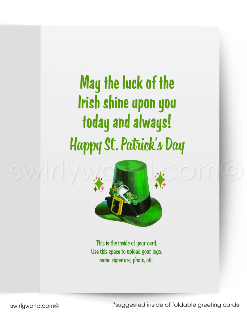 Vintage St. Patrick’s Day Card – 1940s-50s Irish Girl, Shamrocks, Mid-Century Modern Design