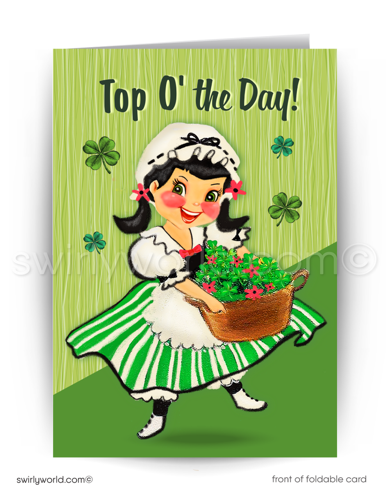 Send festive St. Patrick’s Day wishes with this vintage-inspired card featuring an Irish girl, shamrocks, and retro design. Perfect for clients, friends & more!